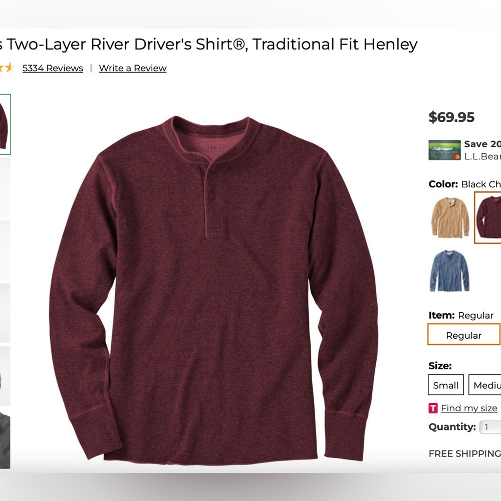 Men’s LL Bean River Diver Henley Sz. M